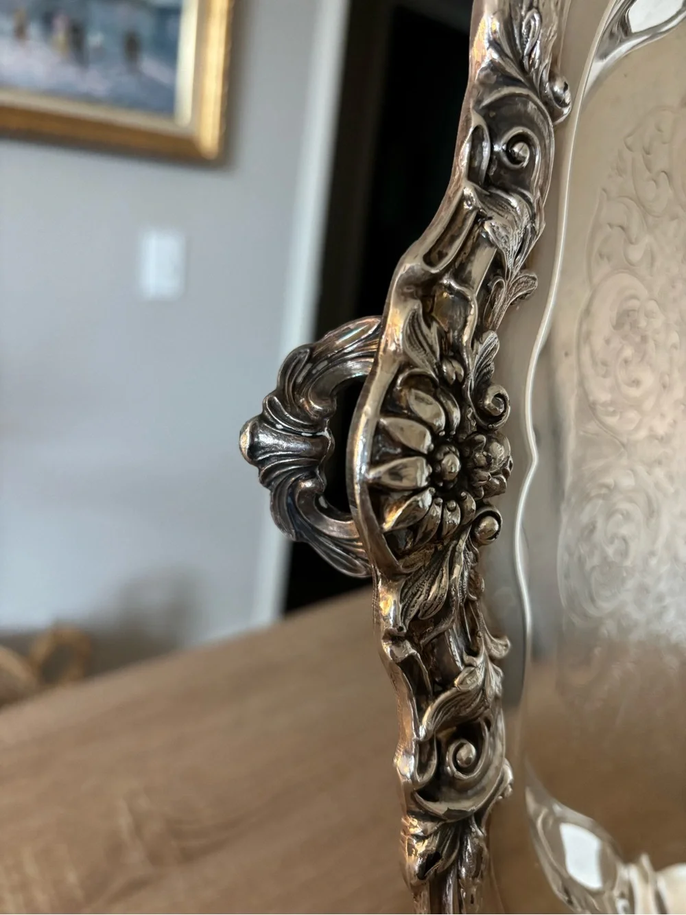 Ornate FB Rogers Silver Serving Tray - Floral Border with Feet - 17in x 17in - Picture 3 of 9